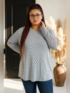 Plus Size In Every Story Blue Polka Dot Long Sleeved Shirt - Size 3X